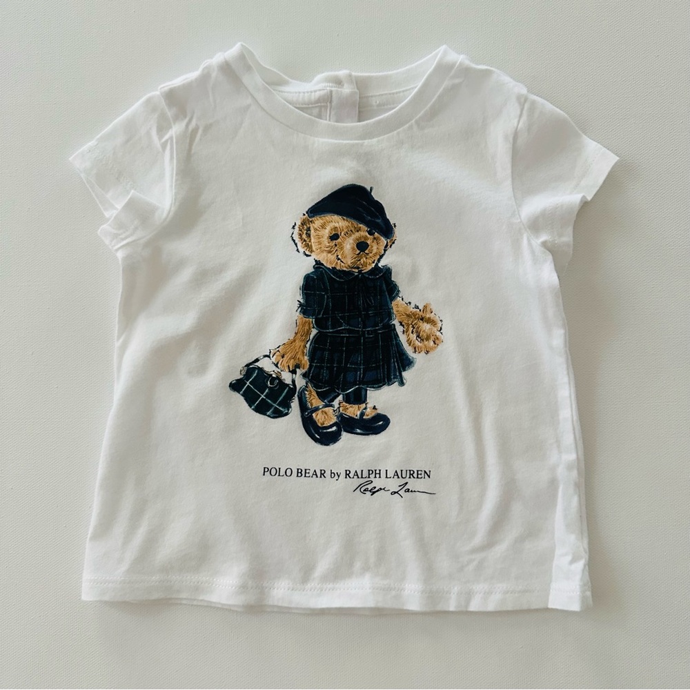 Ralph Lauren 9 Months Baby Girl Bear White Polo Bear T-Shirt Top Spring Summer